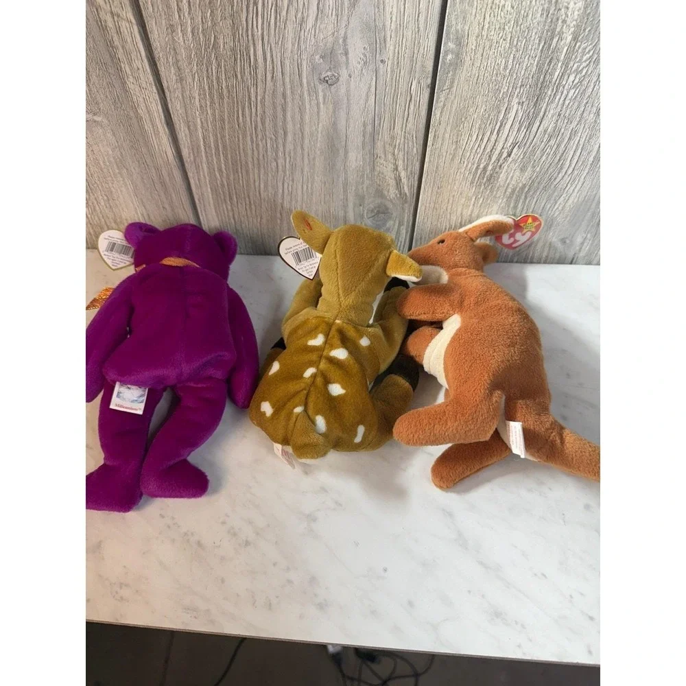 Ty Beanie Babies Lot 3 Millennium Purple Bear Whisper Deer Pouch Kangaroo Tags